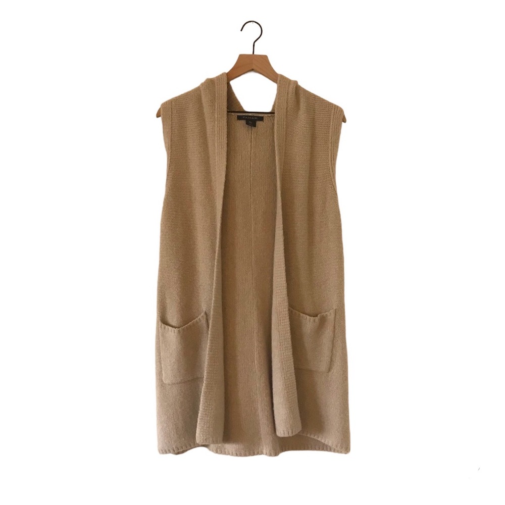 Tahari Wool Blend Pocketed Sleeveless Hooded Tan Cardigan - Size Small